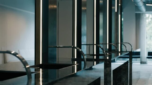 Medium shot of a sleek lobby reception area featuring a modern teller line with a blurred waiting area bathed in soft morning light.