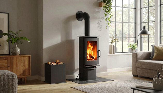 Modern wood burning stove situated in a cozy living room with a fire crackling inside.