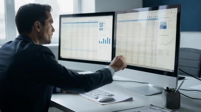Medium shot of analyst concentrating on dual monitors displaying real estate loan spreadsheets focusing on property valuation and risk assessment during commercial underwriting
