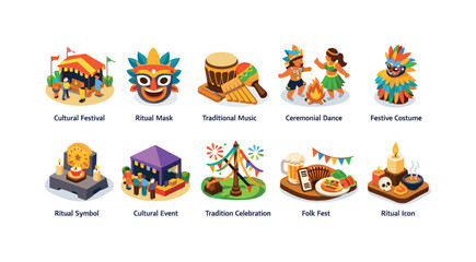 Fototapeta premium Collection of isometric icons representing cultural festivals, traditions, and celebrations