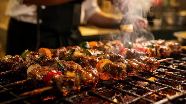 Closeup of skewers being expertly basted with sauce on an open flame focus on the glistening grill items and chefs hands soft bokeh in the background.