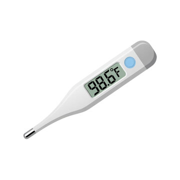 White digital medical thermometer displaying a normal body temperature of ninety eight point six degrees fahrenheit
