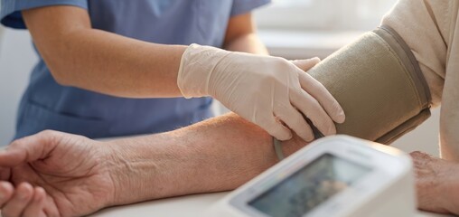 Obraz premium Close-up of healthcare worker adjusting digital blood pressure monitor on patient