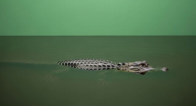 Serene Crocodile Floating Calmly in Green Water with Murky Background