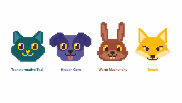 Pixel art animal face icons set. Retro 8-bit style cat dog rabbit and fox avatars. Vector illustration isolated on white background