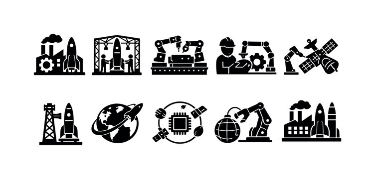 Space industry icons depicting rockets, factories, satellites, and robotic arms