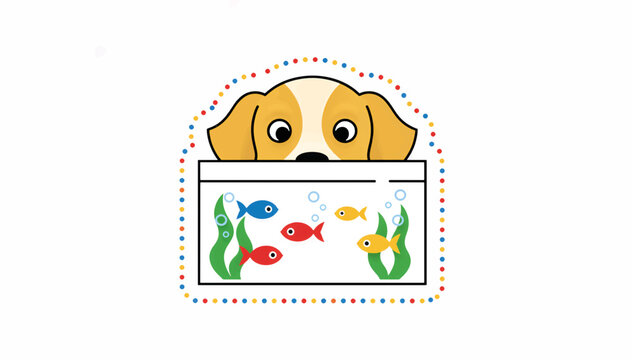 Dog looking at fish tank vector illustration. Curious puppy watching fish in aquarium. Flat design sticker with dotted border