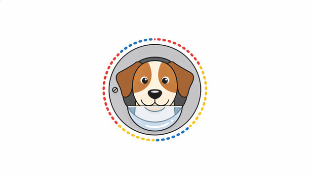 Dog peeking through circular pet door. Flat design vector illustration of a puppy head in a round frame. Cartoon animal icon isolated on white background