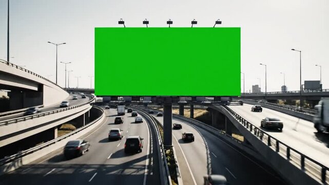 Prominent blank green screen billboard overlooking a dynamic, multi-lane urban highway with vehicles in motion, ideal for customizable marketing and promotional messages