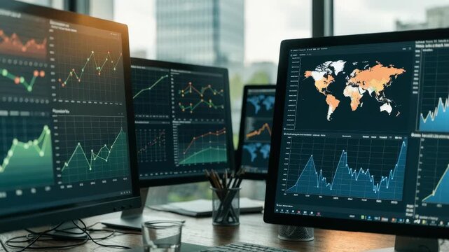 Medium shot of a modern economic analysis desk with multiple dark mode monitors displaying inflation and GDP charts blurred background highlighting focus on key financial data.