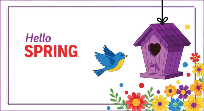 A bright blue cartoon bird flies toward a purple wooden birdhouse surrounded by colorful small decorative spring flowers.