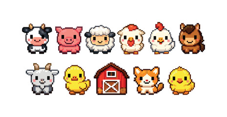 Obraz premium Cute pixel art farm animals and barn collection for children's designs
