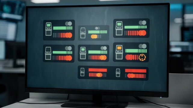 Medium shot of a remote ATM monitoring interface emphasizing cash depletion warnings and functionality status for rural banking kiosks with soft background blur.
