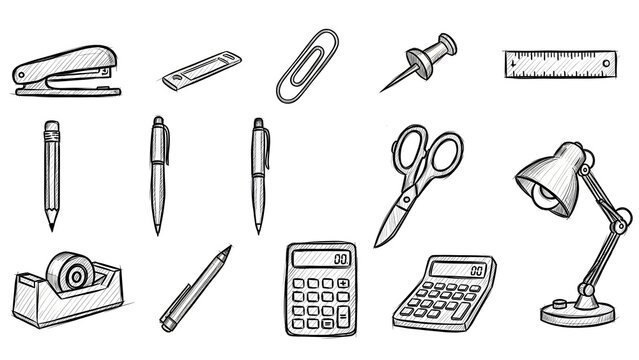 Hand-drawn doodle style collection of essential office supplies and school stationery tools, perfect for creative educational and business design projects with an artistic touch