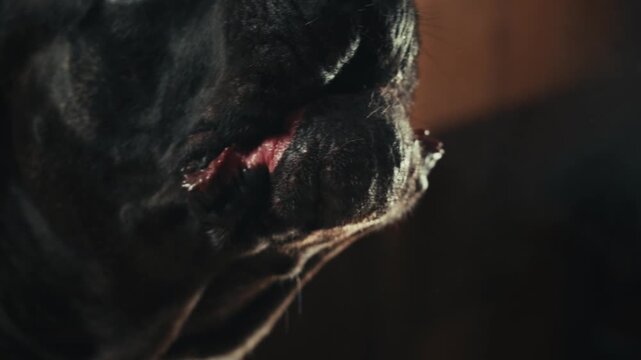 Aggressive barking dog shows dangerous teeth. Combat dog, Angry Animal hard attack head detail, Barking at a person on camera, security Fighting dogs