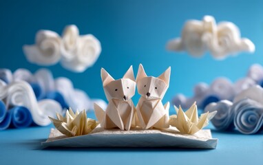 Fototapeta premium Two Origami Foxes Resting on Folded Paper Bridge with Blue Background