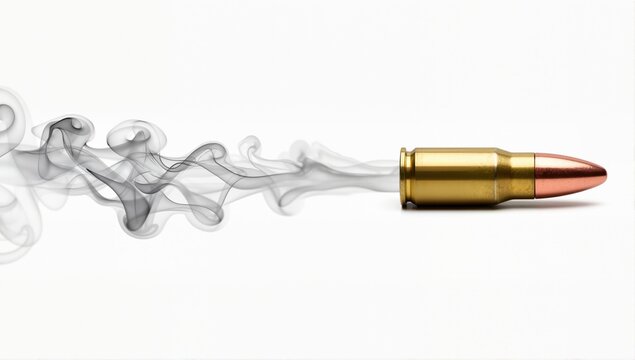 Bullet in right side mooving motion leaving a trail of smoke isolated on white background
