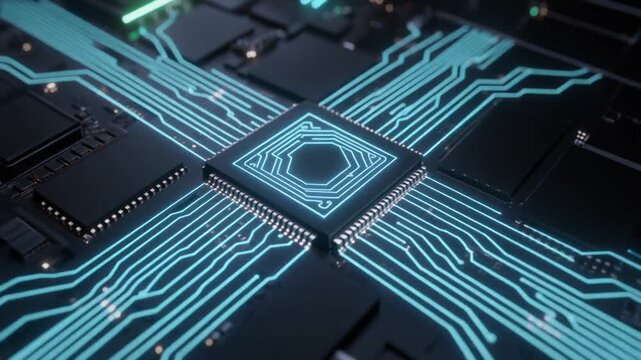 Close-up glowing CPU on circuit board with blue pathways, symbolizing modern computing hardware and data connectivity.