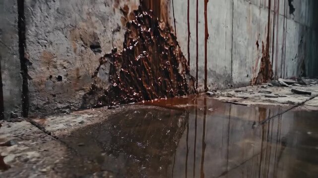 This captures a crime scene with bloodstains on a concrete wall and floor in a dimly lit alleyway at night. The atmosphere is dark and gritty, conveying a sense of horror and fear.