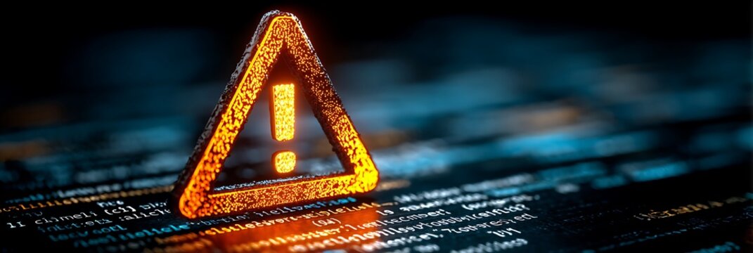 Glowing orange warning triangle with exclamation mark on dark blurred computer code background illustrating cybersecurity threat, system error, and data breach alert.