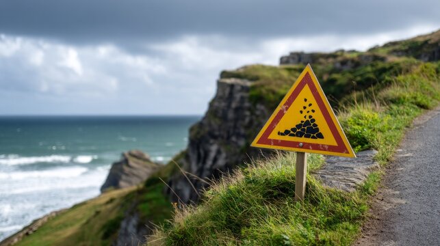 Weathered Sign Warning of Falling Rocks on Cliffside by the Ocean