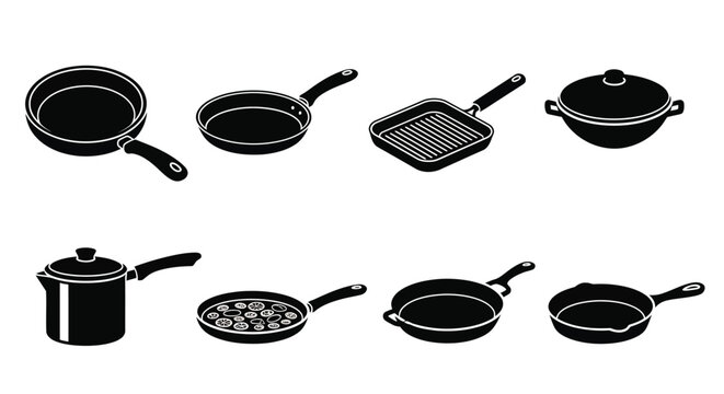 Black and white illustration of various cooking pots and pans