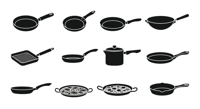 Collection of black cookware frying pans saucepans and griddles