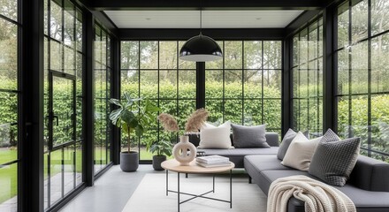 Fototapeta premium Modern Conservatory Oasis With Lush Green Surroundings And Chic Interior Design