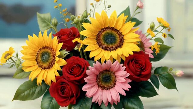 sophisticated 4K digital animation of harmonious floral bouquet featuring vibrant gerberas roses and asters presented classic seamless loop for elegant branding and artistic displays