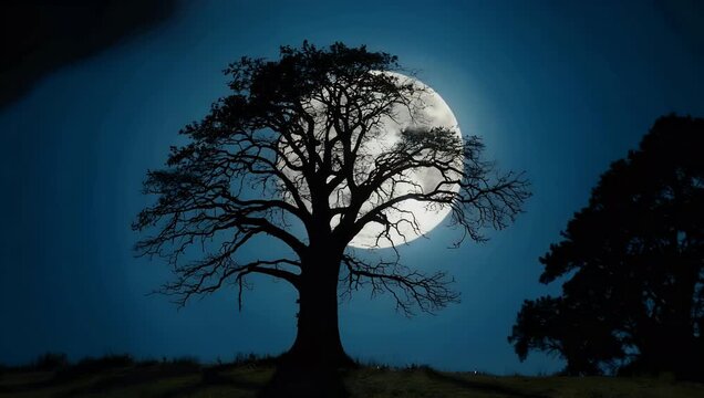 Haunting 4K night scene for horror backdrops featuring brilliant full moon and the silhouettes of gnarly trees captured from low perspective to create eerie atmosphere