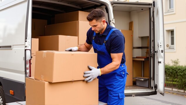 Delivery man loading cardboard boxes for moving to an apartment. professional worker of transportation, male loaders in overalls

