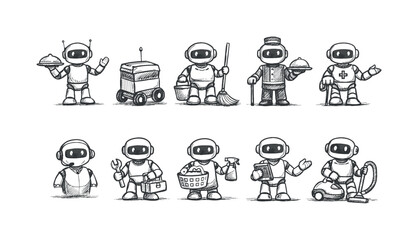 Fototapeta premium Collection of cute cartoon robots performing various service jobs and tasks