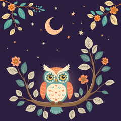Cute owl sitting on  tree branch under moon and stars in woodland folk doodle style. Cozy night forest vector illustration with flowers and leaves. For nursery, prints, cards , packaging, decor. © Svitana_O