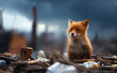 Fototapeta premium Sad and Forlorn Fox Gazing Out Over a Rainy, Desolate Landscape
