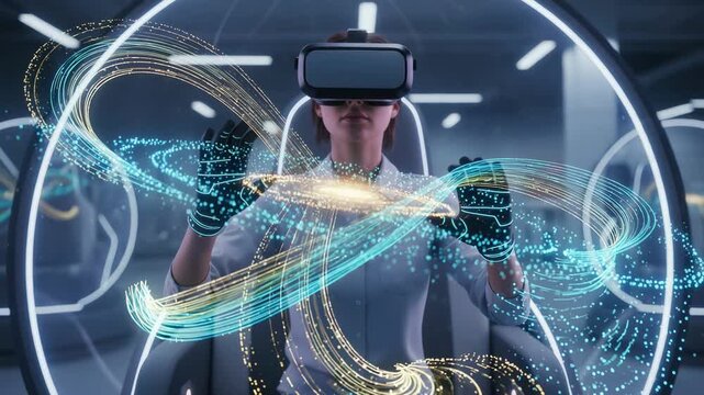 Medium shot of a startup entrepreneur inside a VR pod deeply focused on flexible loan repayment options visualized in virtual space with the booths periphery blurred.