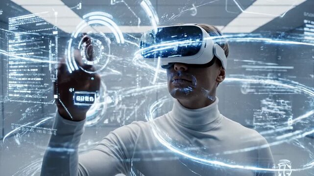 Man wearing a virtual reality headset interacting with a dynamic digital environment, surrounded by glowing data streams, symbolizing the integration of artificial intelligence into