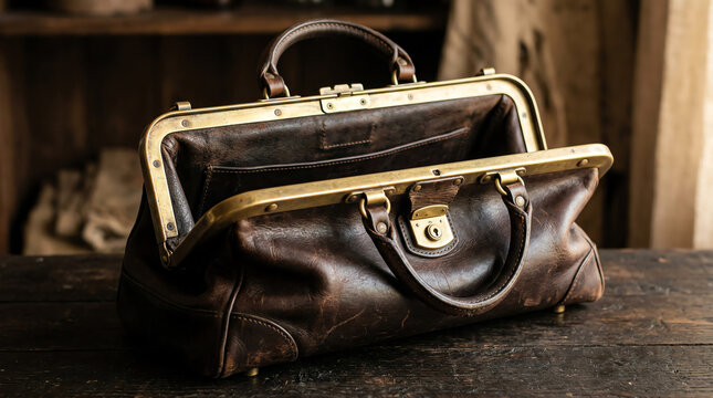 Classic Leather Gladstone Bag with Brass Frame Closure