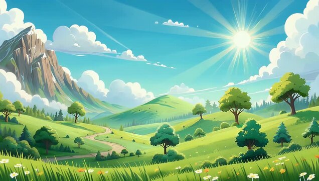 Beautiful 4K anime style seasonal landscape background featuring rolling green hills and majestic mountains under picturesque sky rendered high quality stylized cartoon vector illustration for