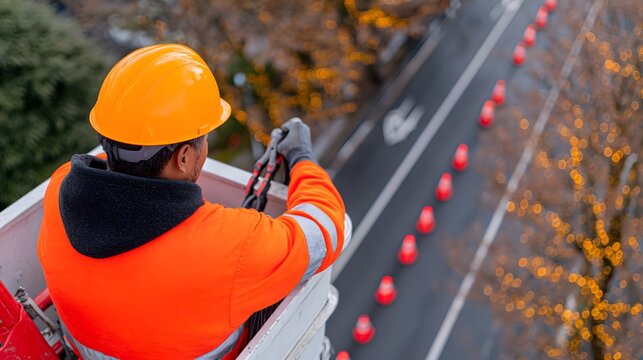 Electrician splices loop detector cable from a lift over the road