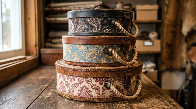 Round Vintage Hat Box with Floral Pattern and Handle