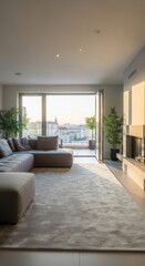 Fototapeta premium Luxurious Modern Living Room With City View Balcony And Natural Sunlight