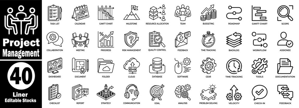 Project management icons set. Collection of covering tasks, planning, collaboration, communication, and team dynamics vector illustration.