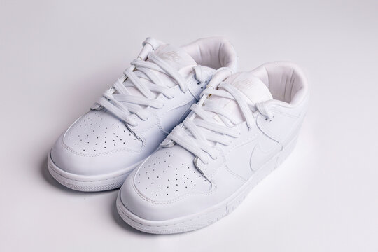 Kyiv. Ukraine. 03.18.2026 Nike dunk low white leather sneakers footwear design