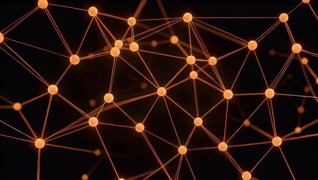 Abstract 4K concept of digital data transfer featuring bright orange neon lines connecting various nodes on dark background to represent global communication and tech networks