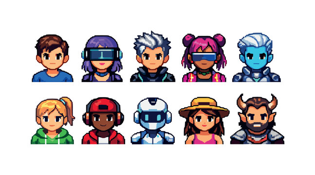 Diverse pixel art characters including humans, robots, and fantasy beings for games
