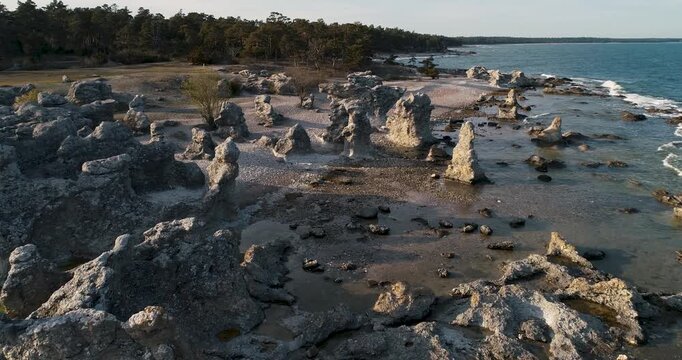 Drone flying directly above raukf&auml;lt with limestone sea stacks at Folhammar on Gotland, Sweden