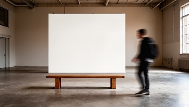 Blank poster, wooden bench and mooving man in empty hall, mock u
