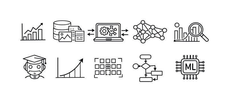 Machine learning icons representing data analysis, algorithms, and AI development