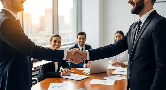 Business handshake sealing a deal in a modern office setting.