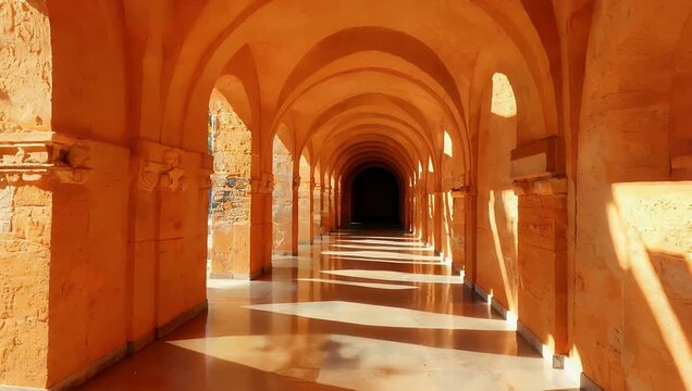 Radiant architectural footage of vibrant orange corridor where sunlight streams through series of arches to create stunning patterns of light and shadow